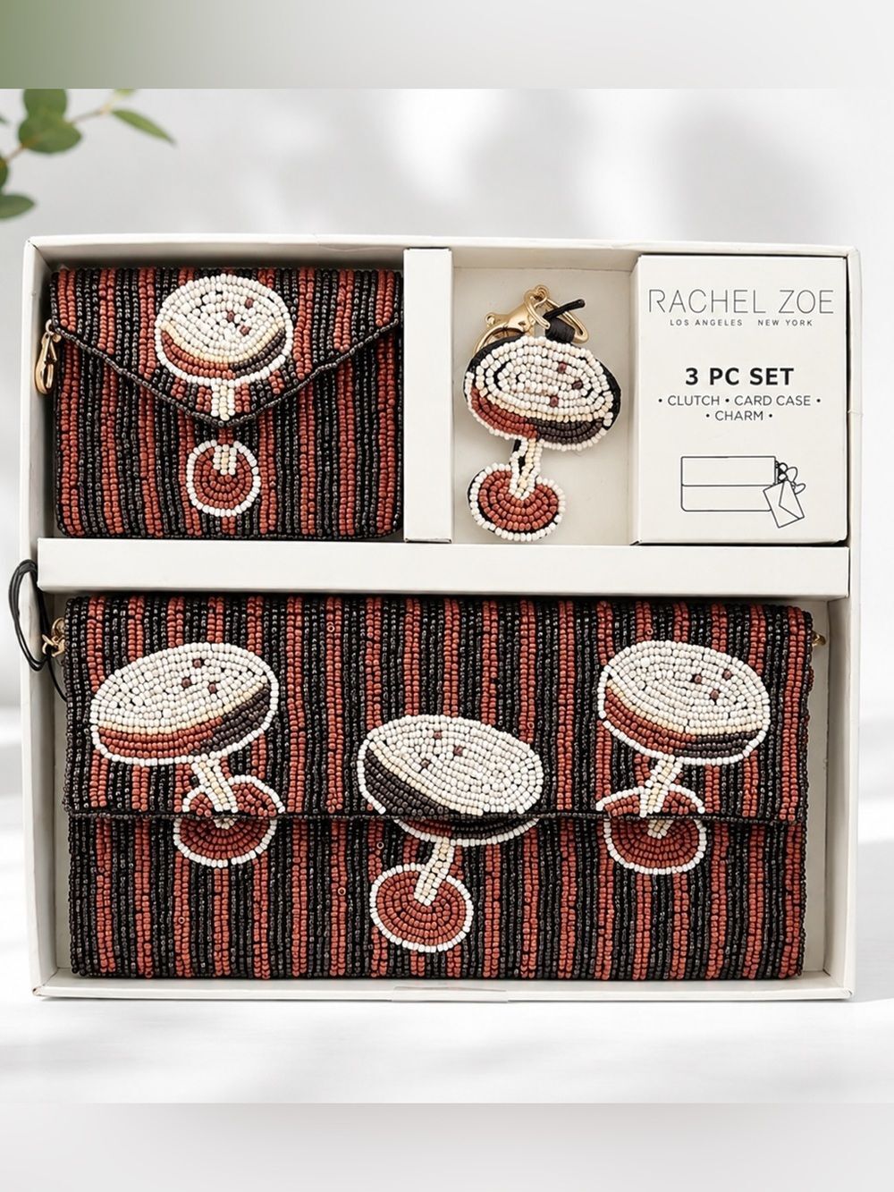 Rachel Zoe NWT 3 Pc Set Brown Tan Beaded Clutch Card Case Charm Espresso Martini